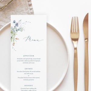 Plantilla de menú de boda azul polvoriento Menú de boda azul acero Menú floral verde imprimible Menú de invierno editable Descarga instantánea Cena Berrie