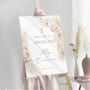 Segno di benvenuto della Santa Comunione boho Erba di pampa arrossata Segno di benvenuto stampabile boho rosa Benvenuto della Comunione Modello di segno di battesimo floreale rosa
