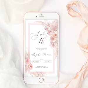 blush digital sweet 16 birthday Blush Boho sweet 16 phone card Text electronic sweet 16 pink party Invitation pampas grass pink  birthday