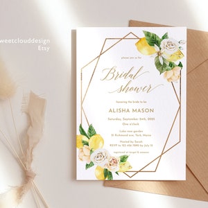 Invitation de douche nuptiale de citron pêche Rose Invitation de douche nuptiale Boho Elle a trouvé sa carte principale Squeeze Lemon et Green Gold Frame Luna