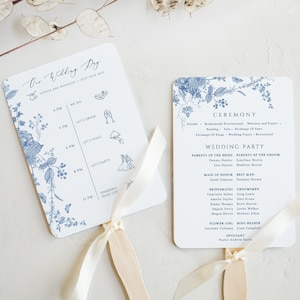 Modèle de programme de mariage bleu poussiéreux Fleur bleue Chronologie de la cérémonie de mariage Modèle de carte de ventilateur de programme de mariage floral bleu modifiable