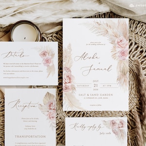 Faire-part de mariage bohème rose fard à joues rose Faire-part de mariage d'herbe de la pampa sur la plage Faire-part de mariage feuille de palmier séchée Boho fard à joues floral carte de mariage