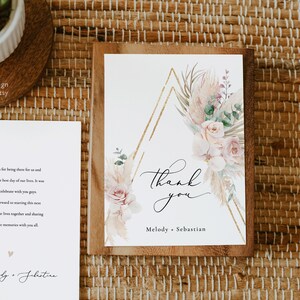 Cartão de agradecimento Boho Blush Orquídea Editável grama de pampas Modelo de cartão de agradecimento de casamento Boho romântico Boho rosa cartão de download instantâneo Pamelia