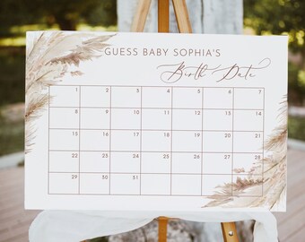 Baby vervaldatum kalender teken, Boho Raad het verjaardag baby shower spel, Pampas gras baby shower kalender, bewerkbare kalendersjabloon Boho