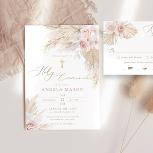 Blush Boho Heilige Kommunion Einladung Gold Kreuz Heilige Kommunion Einladung Blush Rose Heilige Kommunion Einladung Mädchen Blush Boho floral