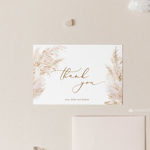Tarjeta de agradecimiento de hierba de pampas Plantilla de tarjeta de agradecimiento de bautismo de hierba de pampa editable boho gracias bautizo gracias tarjeta editable