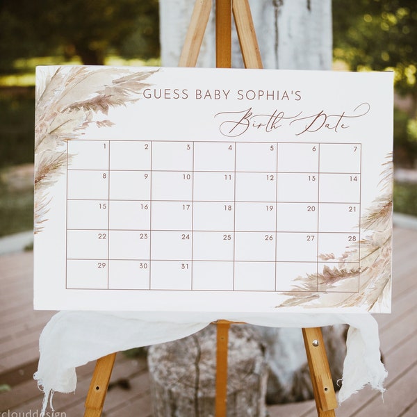 Baby Due Date Kalender Zeichen, Boho Guess the Birthday Baby Shower Spiel, Pampas Gras Baby Shower Kalender, bearbeitbare Kalendervorlage Boho