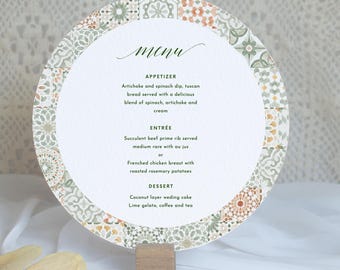 Sage green tile round table Menu Template Light olive green tile circle Menu Printable Mediterranean tile Mediterranean Editable Menu round