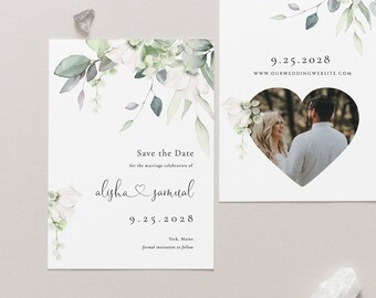 Greenery floral Save The Date Pastel Greenery Save the Date White floral Save the date Template Editable Engagement Save Date boho card