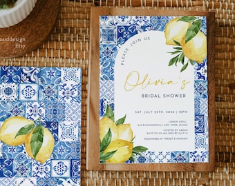 Mediterranean tile and Lemon Bridal Shower Invitation template Blue tile Arch frame bridal shower Italian Blue Tile Lemon Main Squeeze