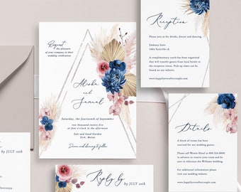 May include: Wedding invitation suite with a boho chic theme. The invitation features a floral design with dried pampas grass and a geometric silver frame. The RSVP card includes a QR code for easy online response. The reception card includes details about the venue and the reception dinner and dancing. The details card includes information about the wedding ceremony and reception.