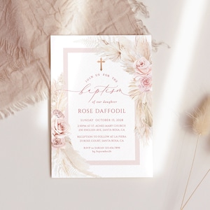 BOHO blush Taufeinladung Vorlage Mädchen blush floral Printable Taufe lädt Taufe einladen Baby-Mädchen rosa 1.Kommunion Kreuz