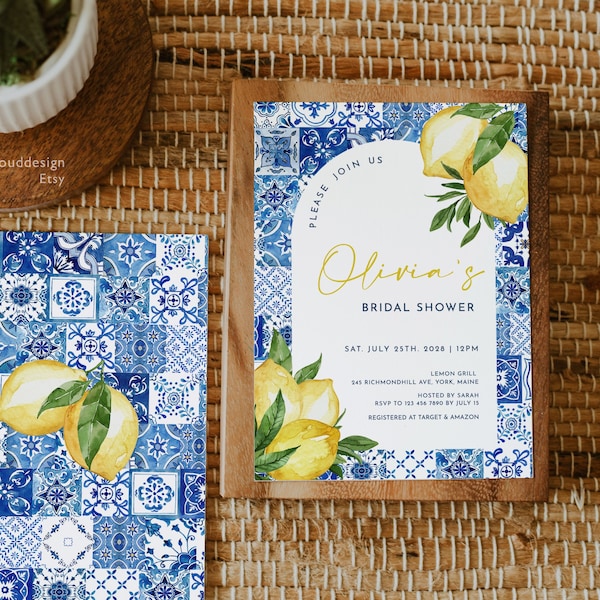 Mediterranean tile and Lemon Bridal Shower Invitation template Blue tile Arch frame bridal shower Italian Blue Tile Lemon Main Squeeze