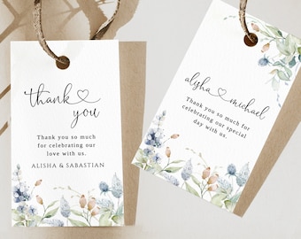 DUSTY BLUE Floral Thank you Tag Steel blue Tag Printable Favor Bag Avery template Blue thank you Tag Template Editable thank you Tag Berry