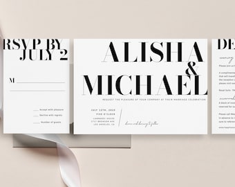 Modern Wedding Invitation Set Template Simple Elegant Minimal Invitation Printable minimal Wedding Invitation black & white Invitation kelli