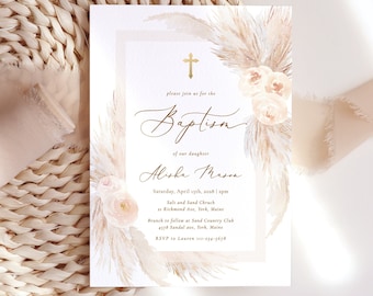 Boho Rose Baptism Invitation Girl Peach floral Printable Baptism Invites Christening Invite Baby Girl Blush Gold cross baptism card Pearl