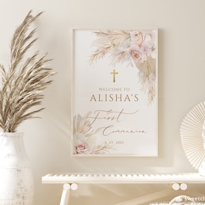 Altrosa Erstkommunion Willkommensschild Vorlage gold Kreuz Pampas Gras Erstkommunion Willkommensschild Printable blush pink boho Kommunion