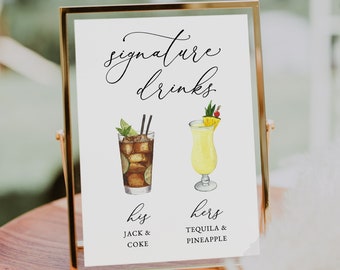 Puede incluir: Un cartel blanco con ribete dorado, que presenta el texto "signature drinks" en escritura cursiva negra. El cartel enumera dos bebidas de autor, "his" y "hers", con ilustraciones de las bebidas y sus ingredientes: Jack & Coke y Tequila & Piña.