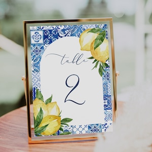 Piastrella blu e limone Modello numero tavolo Piastrella blu Italia Numero tavolo per matrimonio Numero tavolo piastrella blu mediterraneo Scheda da tavolo stampabile