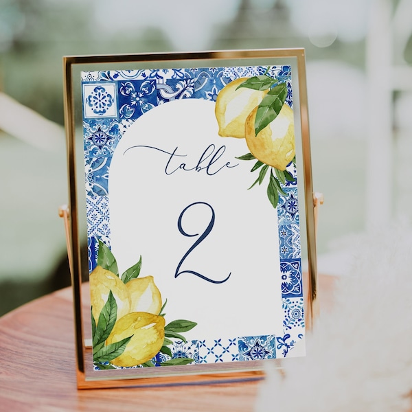 Lemon and blue tile Table number template Italy blue tile Wedding table number Mediterranean Blue tile table number Printable Table card