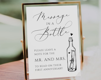 Modèle de signe de message dans une bouteille Message simple dans une bouteille livre d'or signe de table modèle signes de réception de mariage signe moderne modifiable