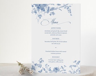 Dusty blue flower Menu Template steel blue floral wedding menu blue botanical party menu Printable baptism Menu blue garden table menu