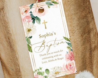 Baptism favor tag, blush rose gold cross baptism thank you Bag Tags, pink floral greenery Printable thank you Tags ,pink flower thank you