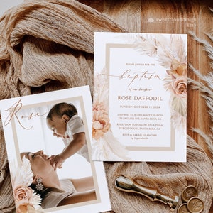Stoffige oranje doopsel uitnodiging sjabloon BOHO oranje bloemen afdrukbare doopsel nodigt doop uitnodigen Baby boho 1e communie kaart