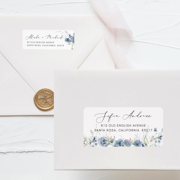 Envelope Address and return Label Template Avery Dusty blue Floral Printable address label sticker template steel blue flower Address 4x2