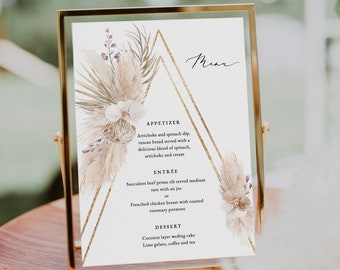 Boho Orchid Menu Boho floral dinner menu Printable boho menu pampas grass menu gold teepee menu Template bohemian menu editable Pamela