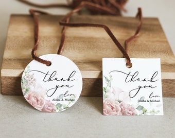 Blommiga etiketter för presentpåsar, Dammigt rosa utskrivbara tacketiketter, Mall för blush-tacketiketter för bröllop, Redigerbar tacketikett för gäster, Gracey