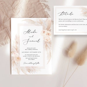 Invitación de boda boho y tarjeta de detalles Invitación boho rubor Plantilla de invitación de hierba pampas Boho boho imprimible Invitación boho perla