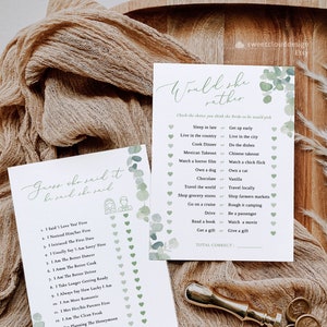 Eucalyptus Would She Rather Bridal Shower Game Template Greenery Who knows bride best game Guess who said bridal shower game Printable edit