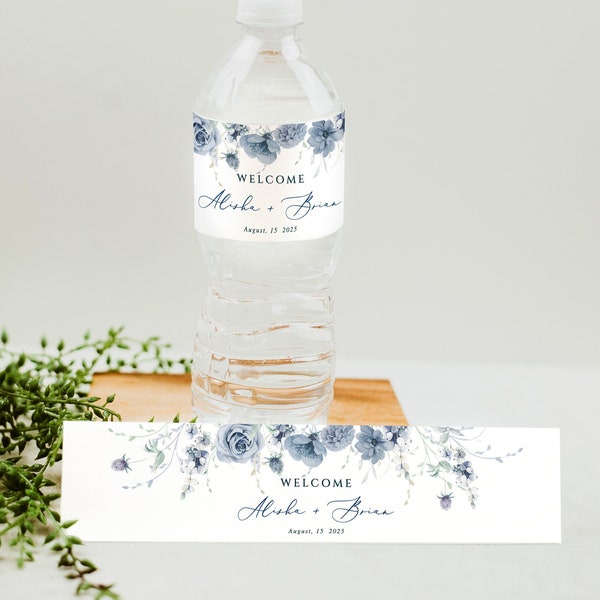Modèle d'étiquette de bouteille d'eau fleur bleu poussiéreux, étiquette de bouteille d'eau de douche nuptiale BOHO, étiquette bleu acier boho imprimable Avery étiquettes d'eau, Berry