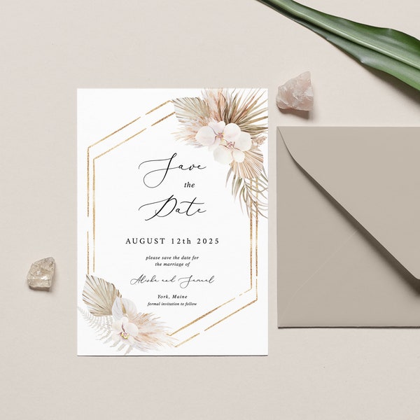 Boho Save The Date, pampas grass Save the Date,Palm leaf Save the date Template,Editable Engagement Save Date, Gold save our date pandora