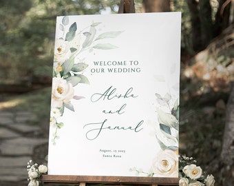 White Floral Wedding Welcome Sign Template Rose editable Wedding Sign Vertical wedding Modern Ceremony Sign  Printable DIY Sign Lisa