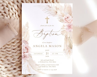 BOHO blush Baptism Invitation template Girl Blush floral Printable Baptism Invites Christening Invite Baby Girl Pink 1st Communion  cross