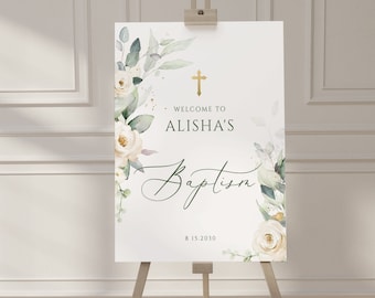 Greenery baptism welcome Sign Template gold cross green leaves Baptism Welcome Sign White Rose Baptism welcome sign poster Elegant greenery