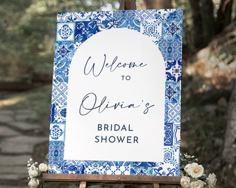 Blaue Fliese Bridal Shower Willkommensschild Bogen blaue Fliese Bridal Shower Poster Vorlage Mediterrane Fliese Bridal Sign Printable Mearlie