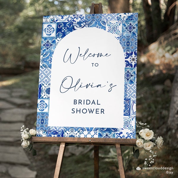 Blue tile Bridal Shower Welcome Sign Arch blue tile Bridal Shower poster Template Mediterranean tile Bridal Sign Printable Mearlie