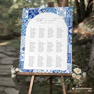 Blauer Fliesenbogen Sitzplatzschild Italien blauer Fliese Sitzplatztisch Vorlage Mediterran Sitzplan Zeichen Positano Italien Sitzplan printable