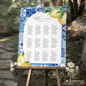 Azulejo azul y arco de limón, letrero de asientos, azulejo azul de Italia, plantilla de mesa de asientos, tabla de asientos imprimible del Mediterráneo, cartel de tabla de asientos editable