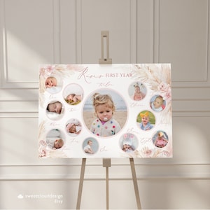 Boho Pink First Birthday Photo Sign Template Blush pampas grass 1st Birthday Photo month Collage Baby First Year Poster blush pink boho baby