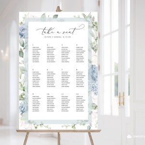 Gráfico de assentos de casamento floral azul de aço, plano de assentos em aquarela de vegetação, modelo de assentos editável, plano de assentos de casamento, sinal de assento, graça
