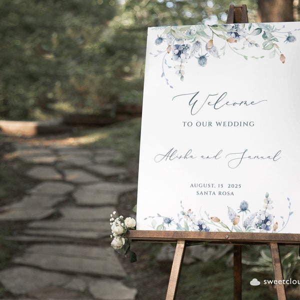 Dusty Blue flower Welcome Wedding Sign Template  Steel blue flower welcome Sign Printable winter floral welcome Sign soft green sign Berrie