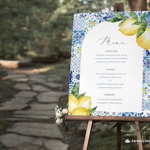 Azulejo azul limón Plantilla de menú de boda azulejo azul arco marco floral Menú imprimible Cítricos Mediterráneo Menú editable Boho Cena Menú Mearl