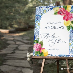 Azulejo amarillo azul flor rosa Baby Shower cartel de bienvenida azulejo de arco y cartel de baby shower de limón plantilla cartel de bebé de flor rosa mediterránea
