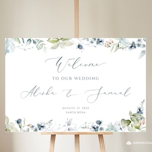Dusty Blue Welcome Wedding Sign Template Steel blue wedding sign Welcome Sign Printable Wedding Sign winter floral sign download Berrie