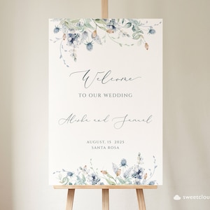 Dusty Blue flower Welcome Wedding Sign Template Steel blue flower welcome Sign Printable winter floral welcome Sign soft green sign Berrie image 2