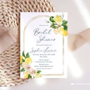 Invitation de douche nuptiale de citron pêche Rose Invitation de douche nuptiale Boho Elle a trouvé sa carte principale Squeeze Lemon et Green Gold Frame Luna